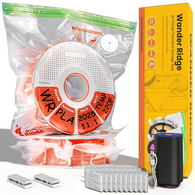 Wander Ridge 3D Printer Filament Storage Bags Vacuum Storage Bags Kit 3D Printer Accessories with Storage Bags (13x15 inches), Desiccants, Auto Pump, Sealing Clips, Humidity Resistant (10 Bags + Electric Pump) - Image 1